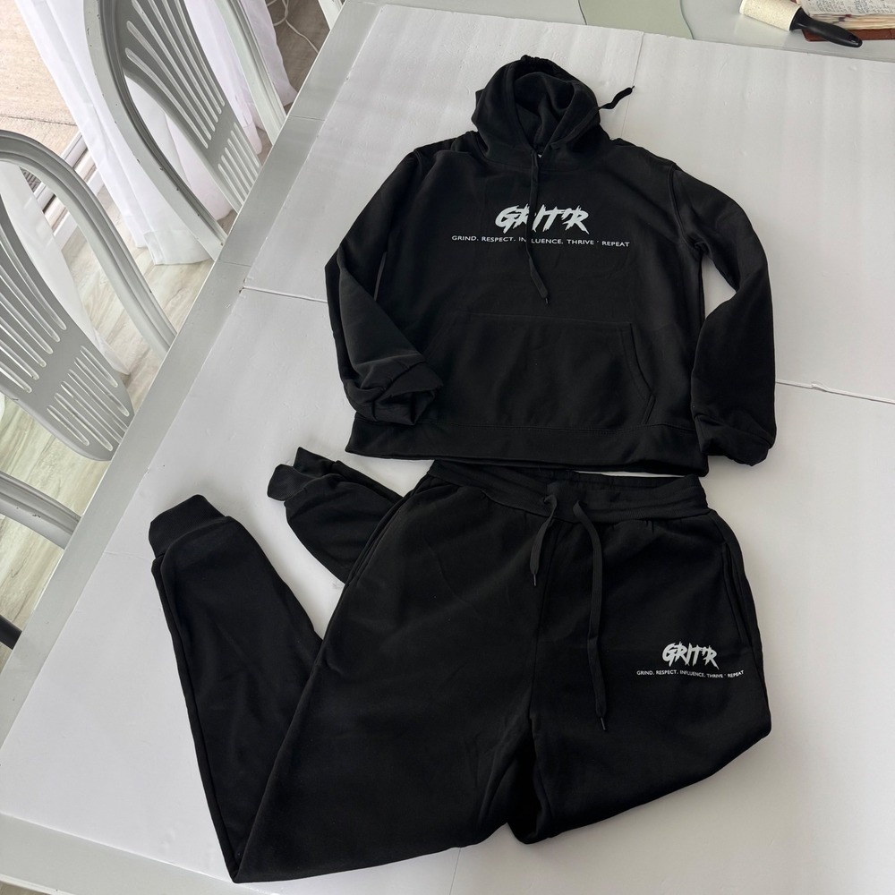 Grit'r Mens Tracksuit Set Black Hoodie and Joggers Graphic Print Small